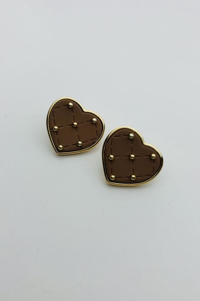 LvLv Gold Rengi Kahverengi Kalp Desenli İğne Küpe