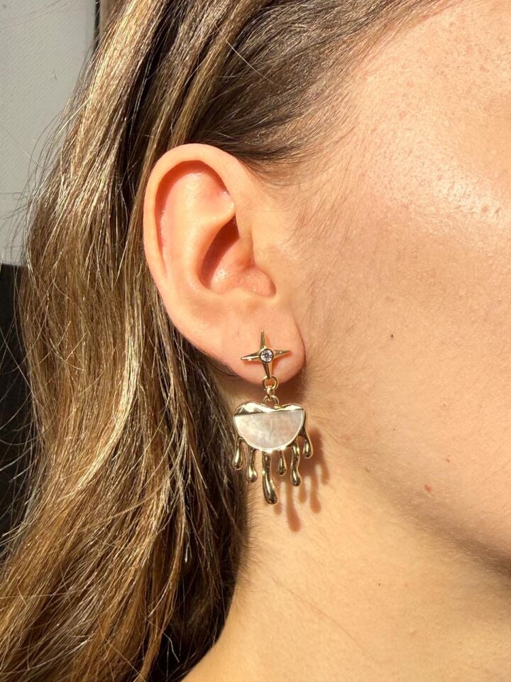 LvLv XP Gold Rengi Sedef Taşlı Tasarım İğne Küpe