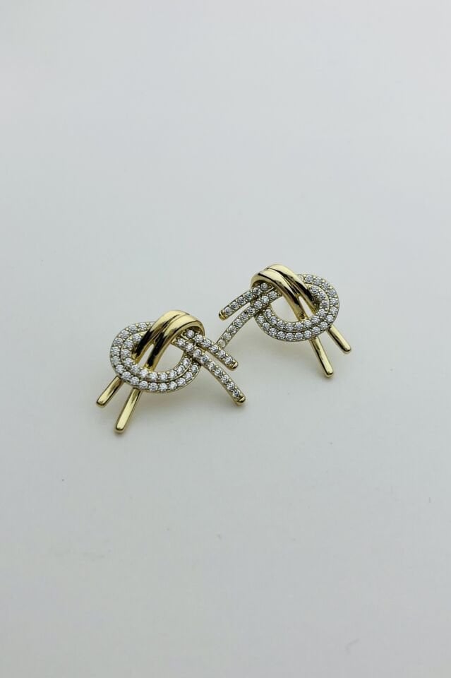 LvLv XP Gold Rengi Düğüm Model Zirkon  Taşlı İğne Küpe