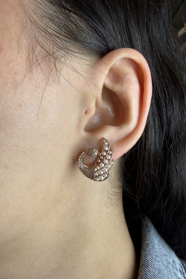 LvLv XP Rose Rengi İncili Zirkon Taşlı Kuğu Model İğne Küpe