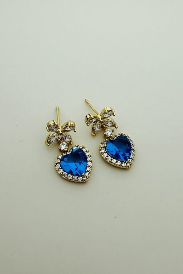 LvLv XP Gold Rengi Zirkon Taşlı Mavi Kalp Sallantılı Tasarım İğne Küpe