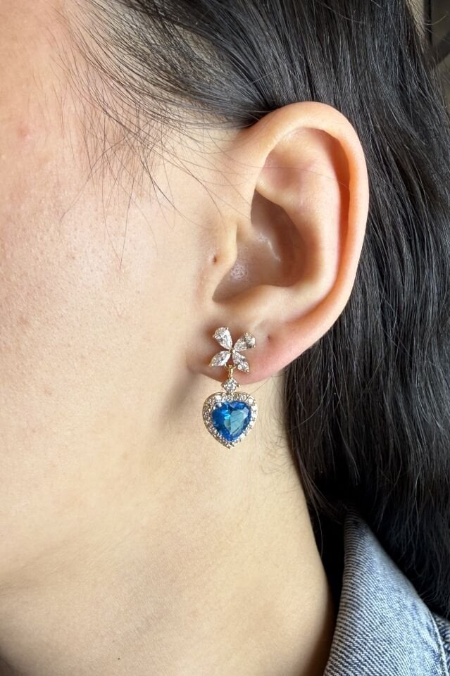 LvLv XP Gold Rengi Zirkon Taşlı Mavi Kalp Sallantılı Tasarım İğne Küpe