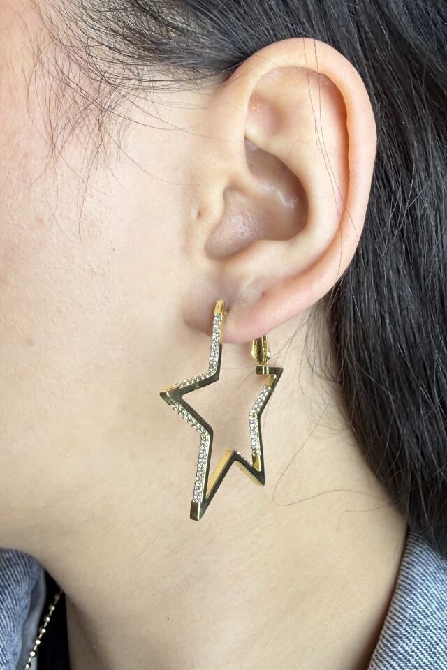 LvLv XP Gold Rengi Zirkon Taşlı Yıldız Şekil Halka Küpe