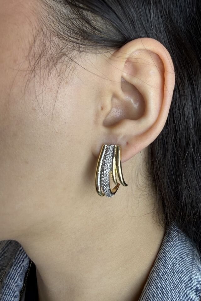 LvLv İki Renkli Taş Detaylı Kıvrımlı Tasarım İğne Küpe