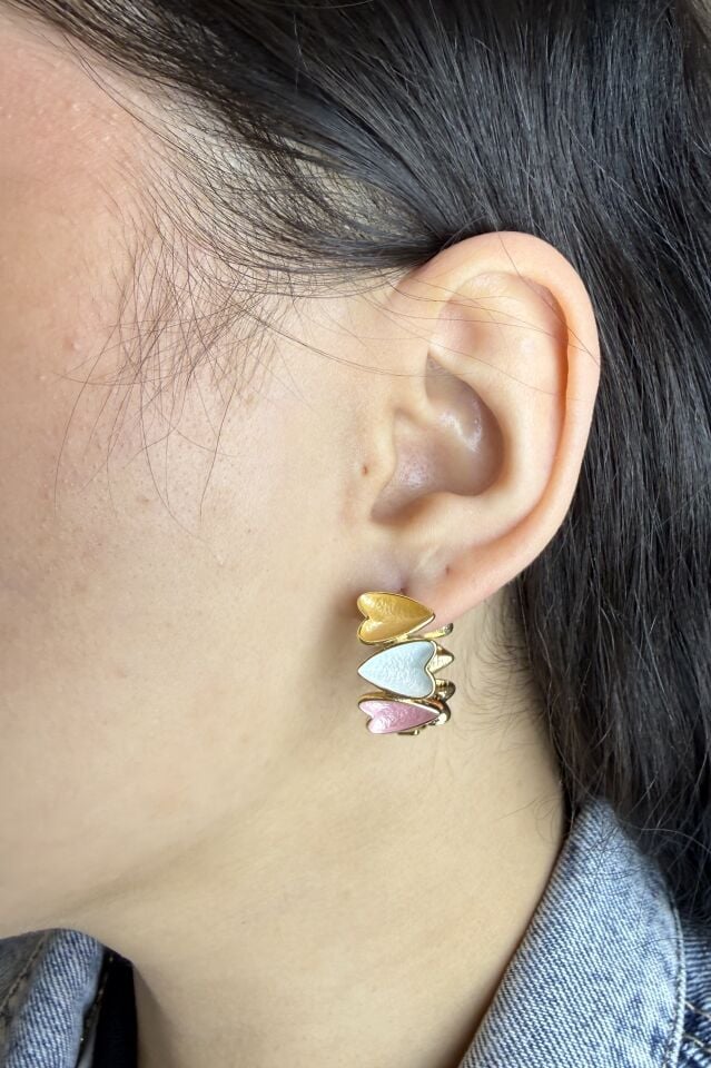 LvLv Gold Rengi Renkli Kalp Desenli İğneli Halka Küpe