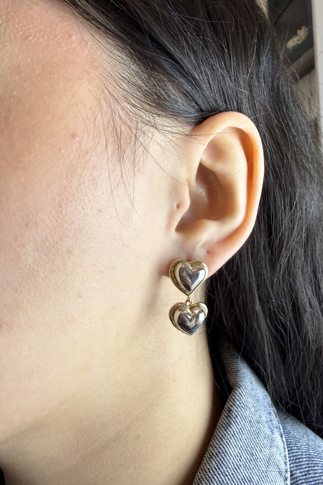 LvLv İki Renkli Sallantılı Sıralı Kalp Model Tasarım İğne Küpe