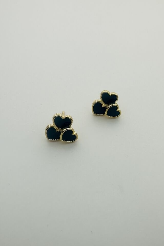 LvLv Gold Detaylı Üçlü Kalp Model Siyah Sedefli Tasarım İğne Küpe