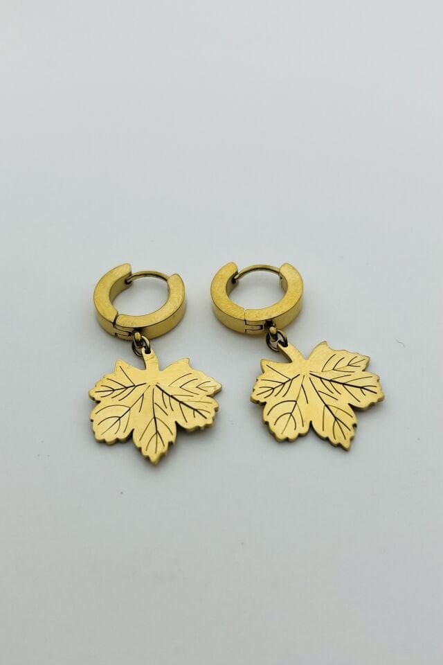 LvLv Gold Rengi Çınar Yaprağı Model Sallantılı Çelik Halka Küpe